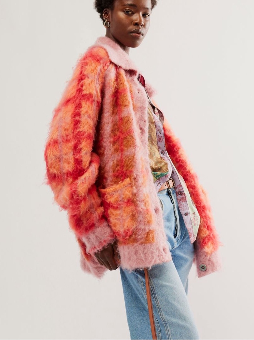 Free People Pink & Orange Fuzzy Button-Front Teddy Jacket